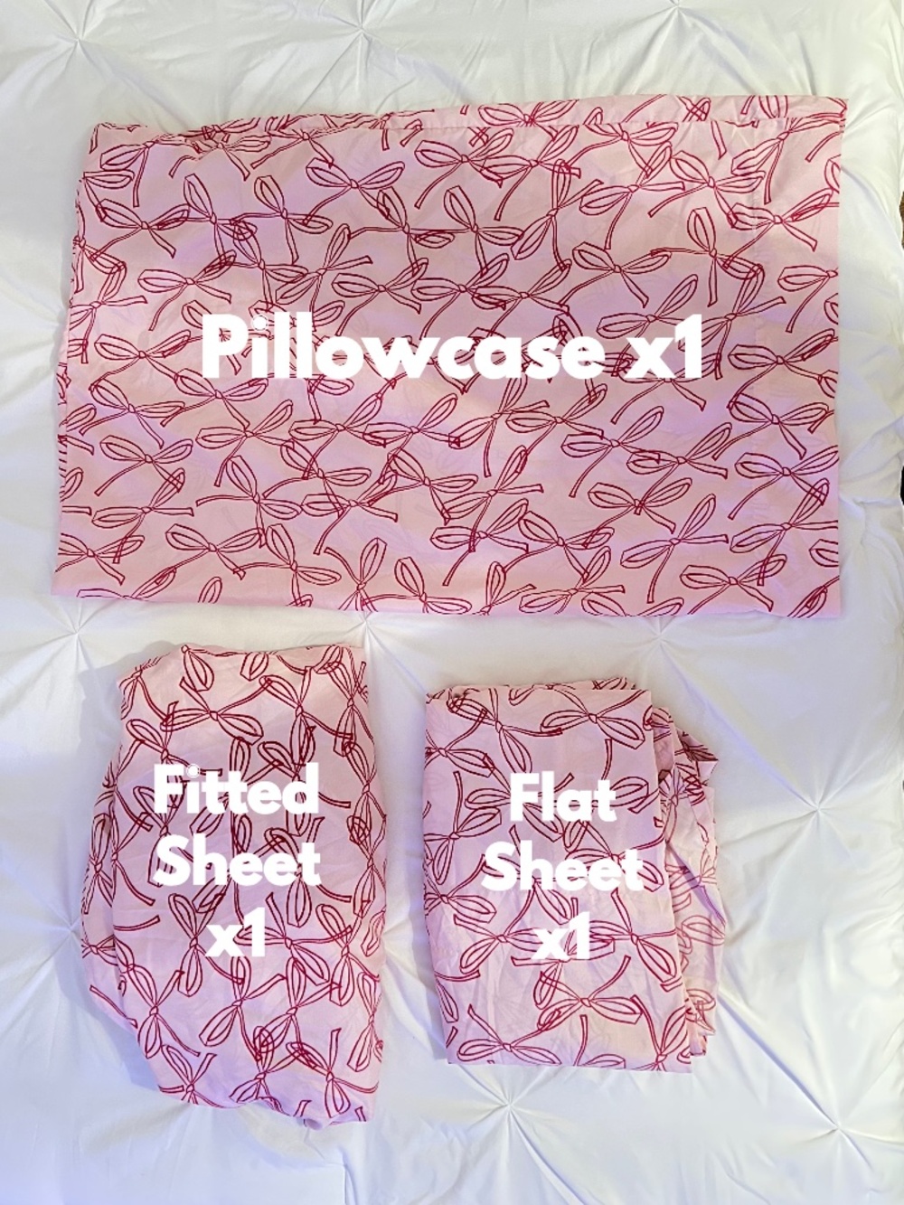 Pink Bow Twin Sheet Set | Fitted Sheet, Flat Sheet, and Pillowcase